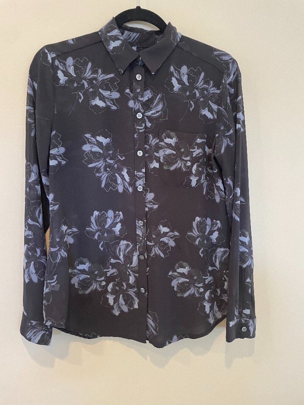 Ann Taylor Black Floral Long Sleeve Blouse Sheer Collared S